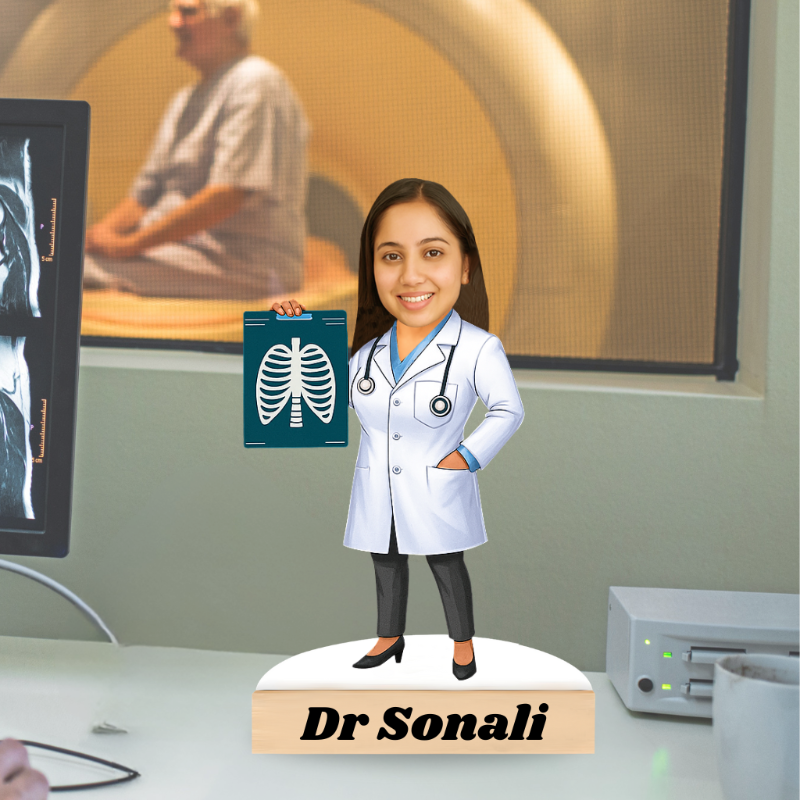 Figurine of a doctor named Dr. Sonali holding an X-ray, with medical equipment in the background.