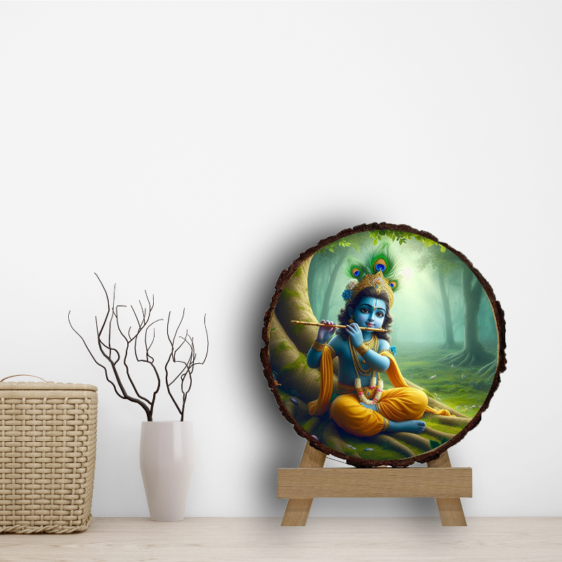 A framed picture of Lord Krishna playing the flute, set against a forest background, displayed on a wooden slice with a greenish tint, placed on a wooden easel.