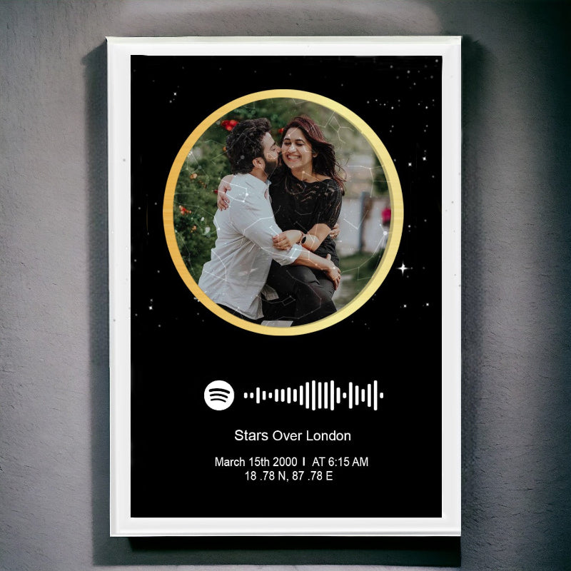 A personalized photo spotify star map with a white border, displaying a couple embracing, with a personalized message and a Spotify song code.