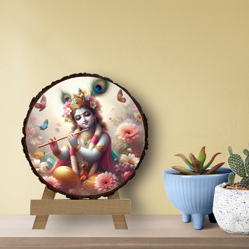 A framed artwork depicting the Hindu god Krishna, playing a musical instrument, set against a background of a polished wood slice.