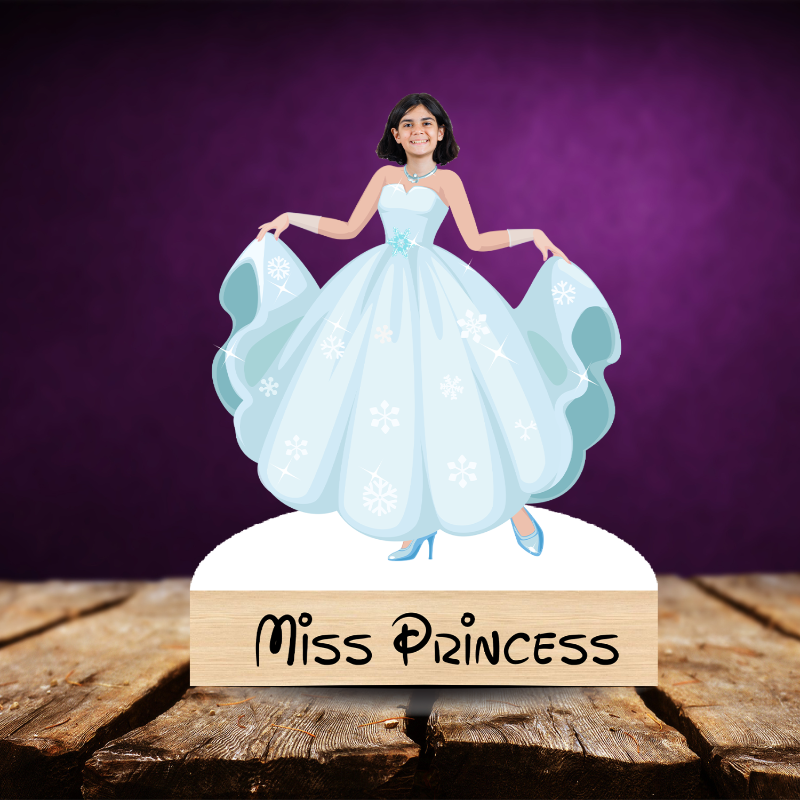 Caricature of a kid  in a blue dress with 'Miss Princess' sign on a wooden base against a purple background