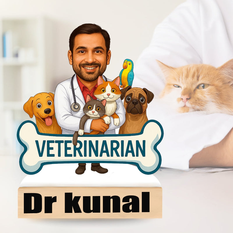 Illustration of a veterinarian with animals and text 'Veterinarian Dr Kunal' on a white background.