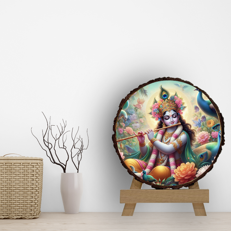A circular wood slice art piece featuring a colorful illustration of Lord Krishna playing the flute, displayed on a wooden stand.