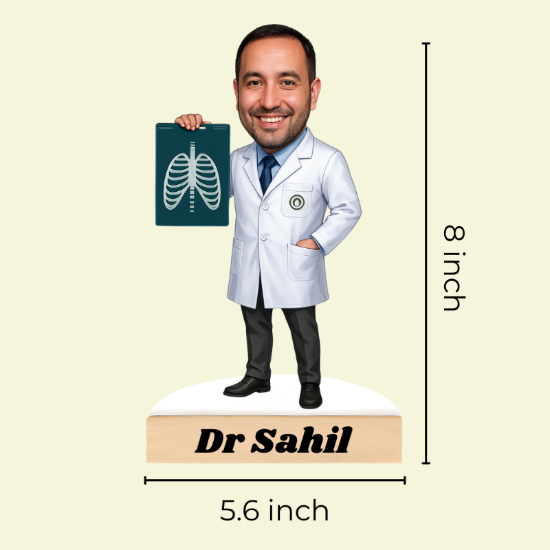 Bobblehead figure of a doctor holding an X-ray, with dimensions indicated on a beige background.