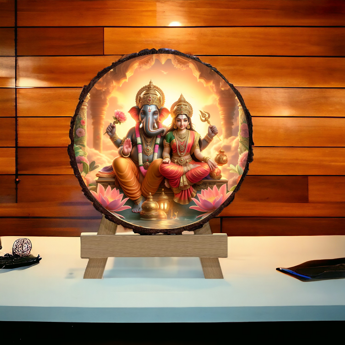Ganesh & Laxmi Representation on a Wooden Slice