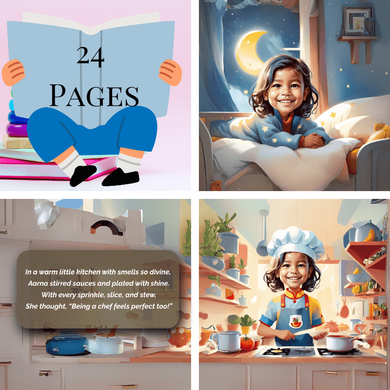 Illustrated book with a child character, a child in bed, and a child cooking in a kitchen.