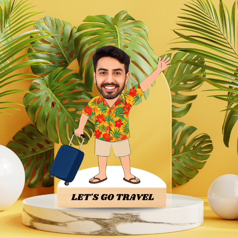 Man in a colorful shirt with a suitcase against a yellow background with green leaves