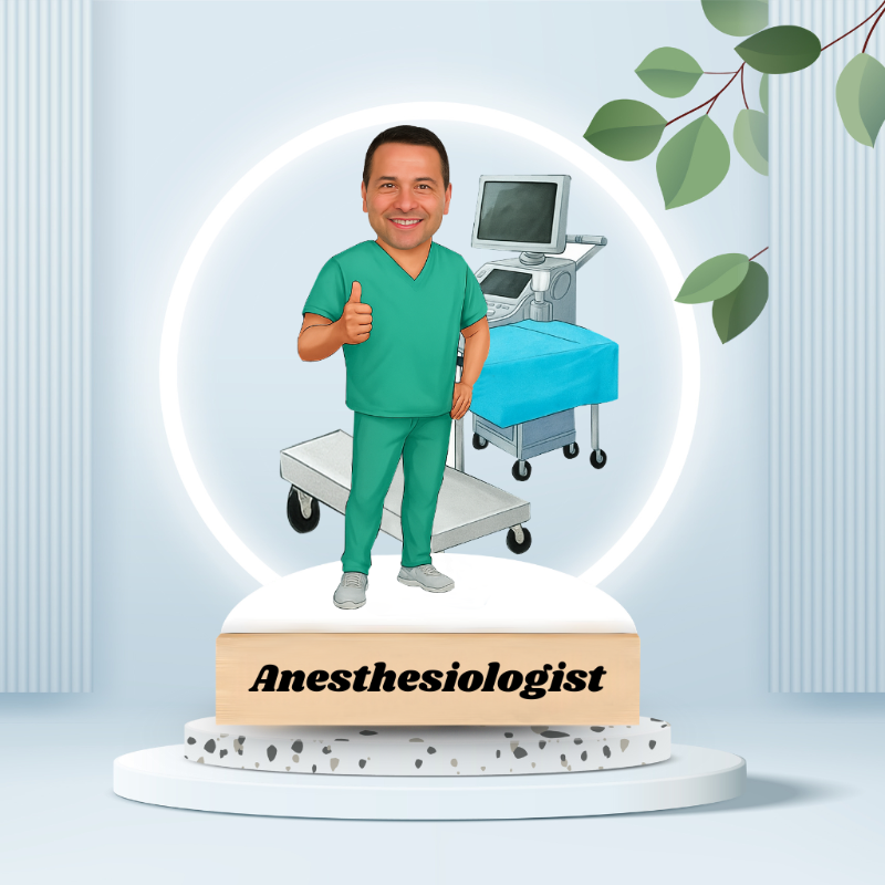 Animated character in green scrubs with a 'Anesthesiologist' label, standing in front of medical equipment.