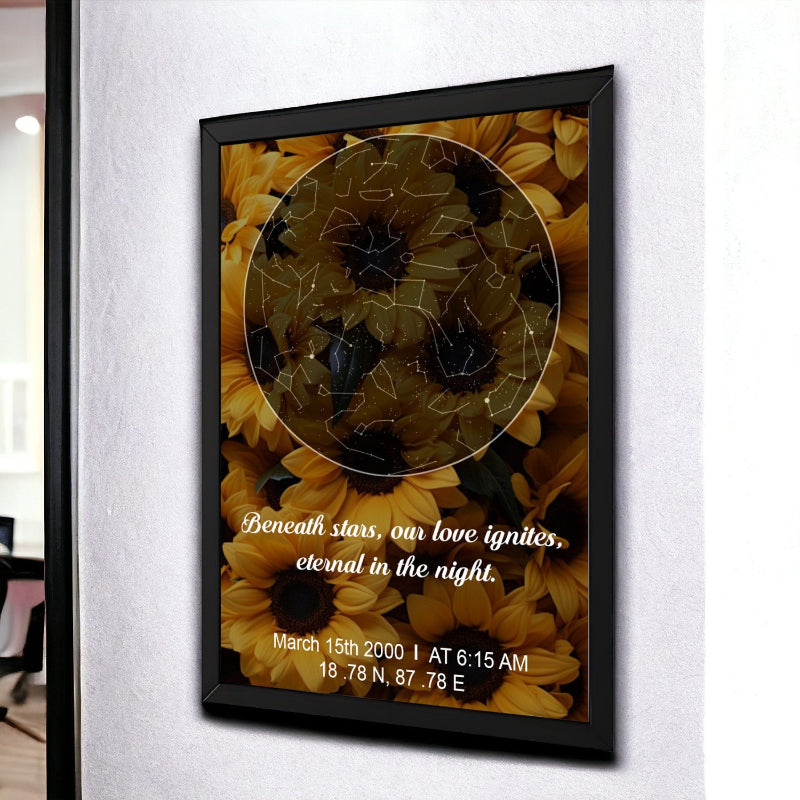 Framed artwork with sunflowers and star map on a white wall