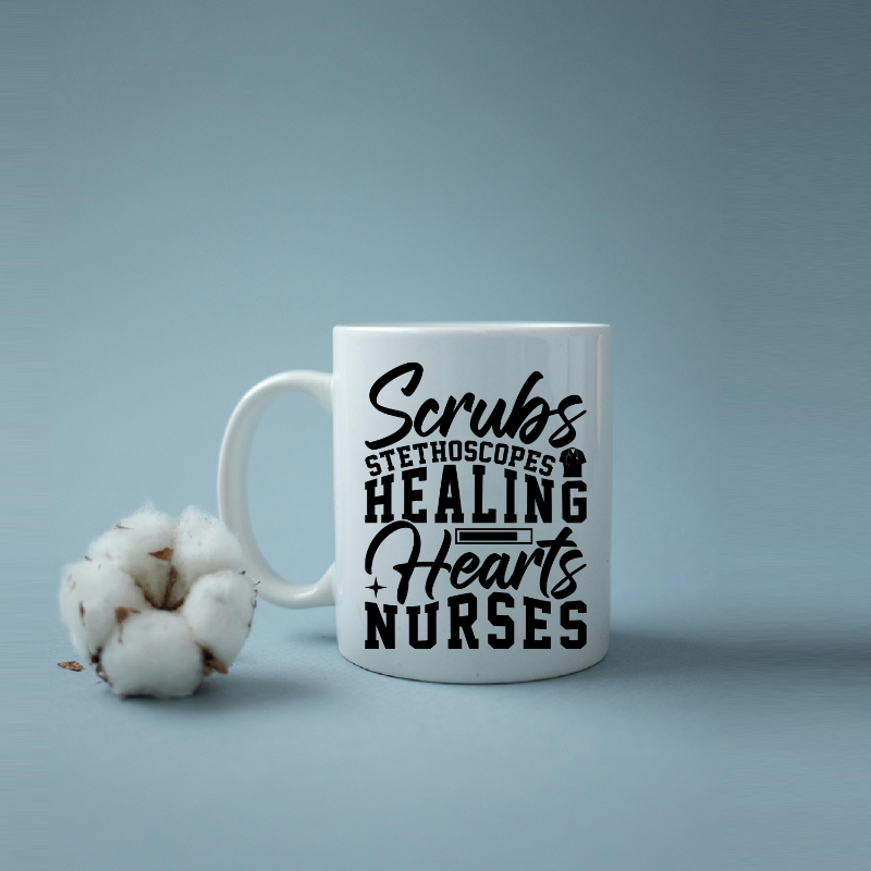 A white ceramic mug with text printed on it, accompanied by a cotton boll on a blue background, indicating a humorous message related to medical professionals.