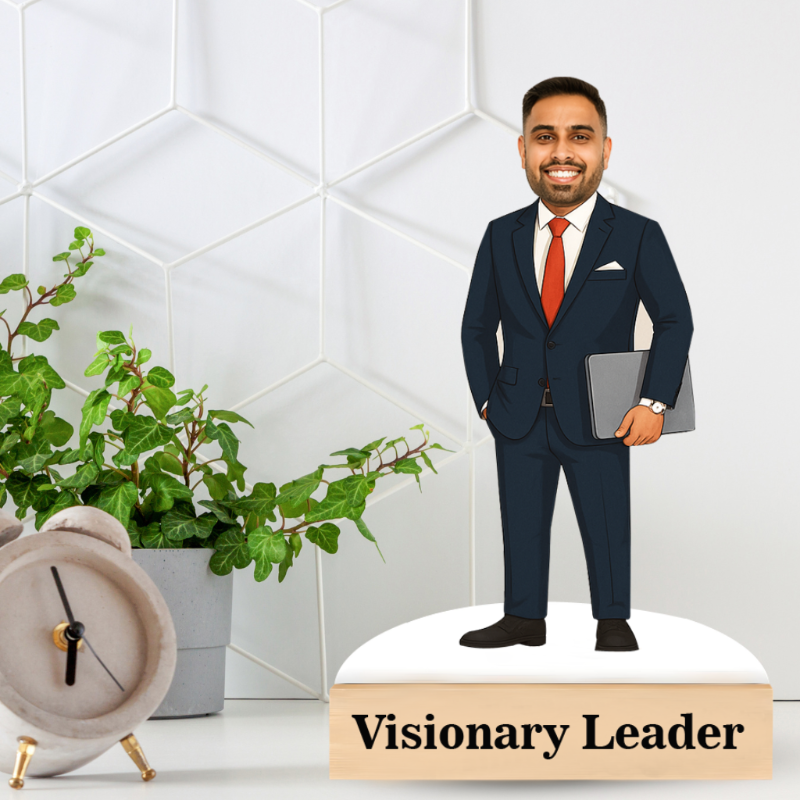 Mannequin of a man in a suit with 'Visionary Leader' text on a white background