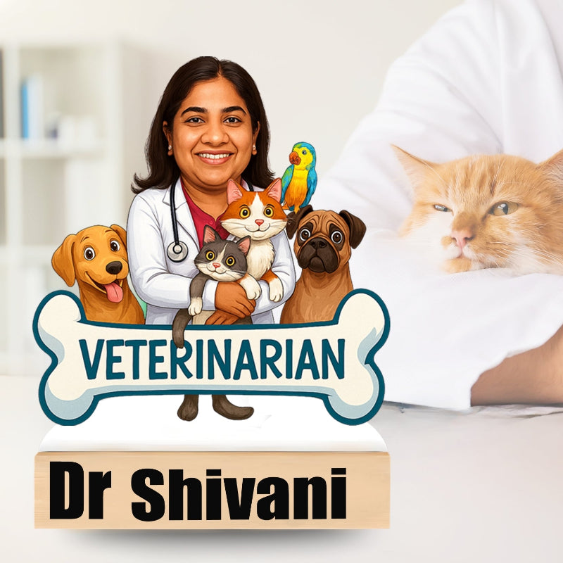 Veterinarian with cartoon animals and 'VETERINARIAN Dr Shivani' text