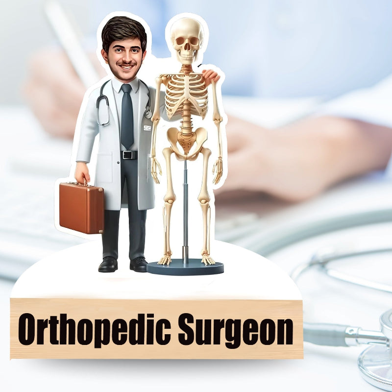 caricature of an orthopedic surgeon with a skeleton model, holding a briefcase, on a blurred medical background.