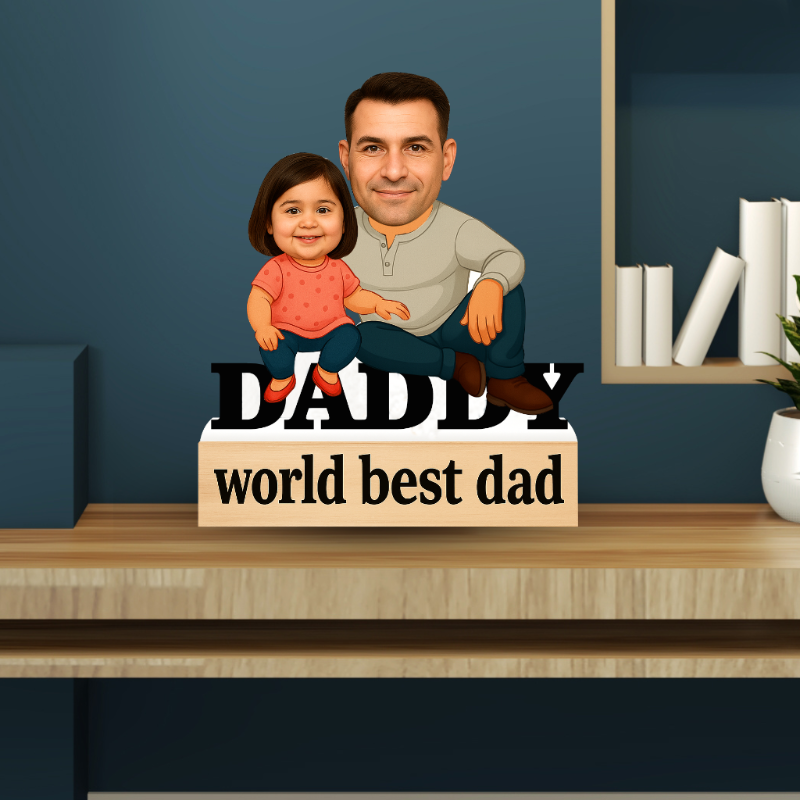 Decorative sign with a cartoon illustration of a man and a child, sitting on a wooden surface with a blue wall in the background.