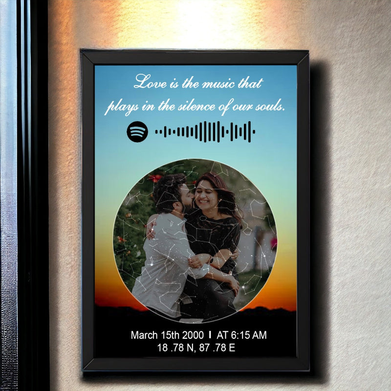 A custom photo Spotify star map with black border, displaying a couple's photo, a personalized message, and a scannable Spotify code.