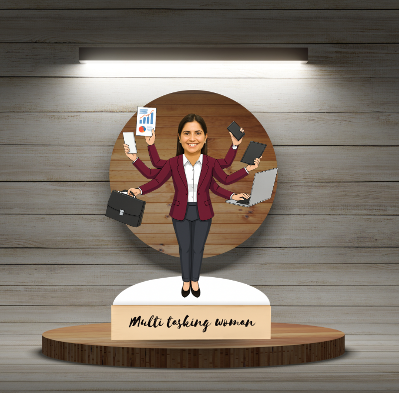  caricature of a multi-tasking woman with various devices on a wooden background
