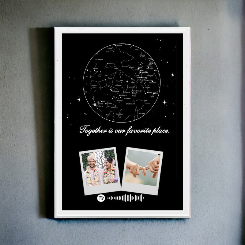 A personalized star map frame with a black background, a celestial map, and two photos of a couple. The frame has a white border and text that says 'Together is our favorite place.