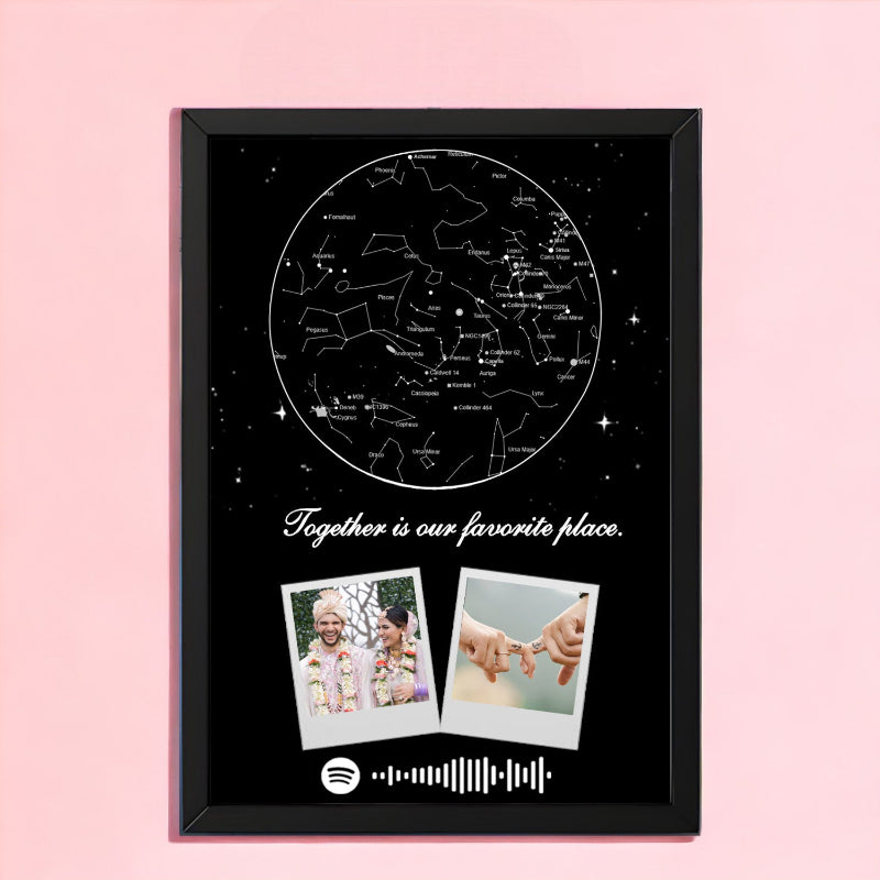 Framed artwork with constellation map, two photos, and Spotify logo on a pink background