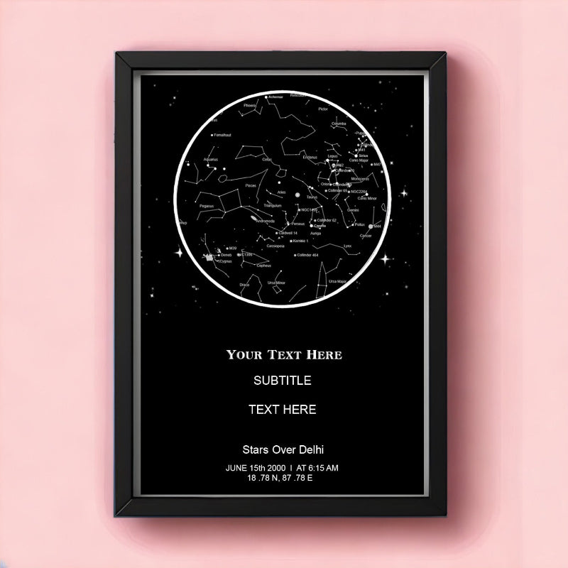 A personalized constellation star map frame in black border, with a custom text placeholder and a graphical representation of the stars on the wall.
