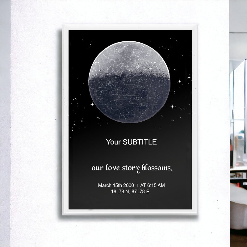 A framed personalized moon star map with white border, displaying a graphic of the moon and stars with custom text.