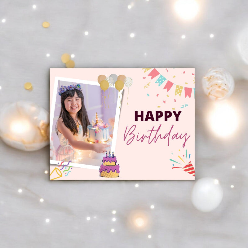 Personalized birthday card with photo of a girl and celebratory design on a light gray background.