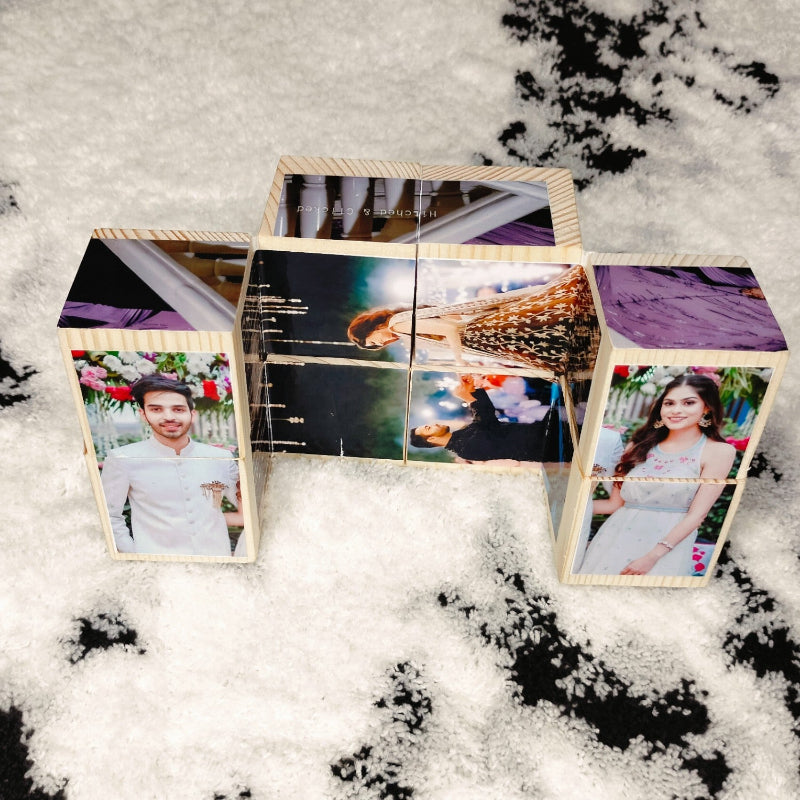 Wooden photo box with images of a couple on a snowy background