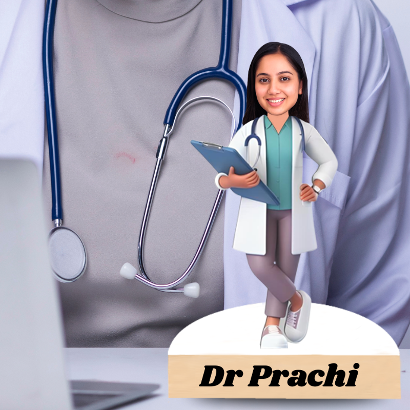 Cartoon doctor character with a stethoscope and clipboard, standing in front of a blurred medical setting with 'Dr Prachi' text.