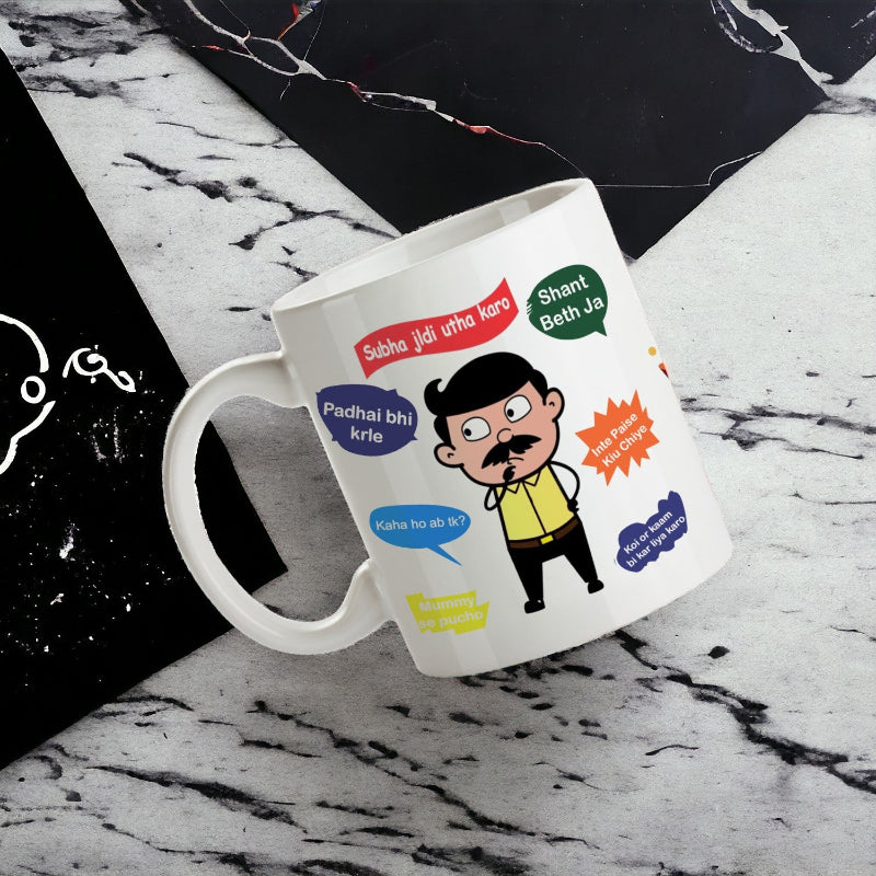 White mug with cartoon character and text on a black and white marble surface