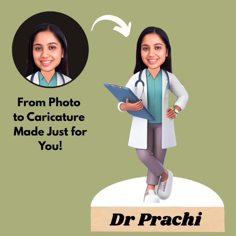 Cartoon caricature of a doctor with a personalized name tag on a green background