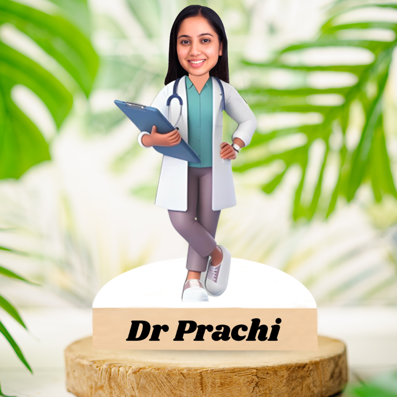 Figurine of a doctor named Dr Prachi with a blurred green leafy background