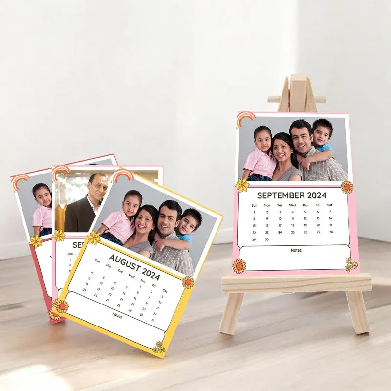 Personalized photo calendars on stands with family images