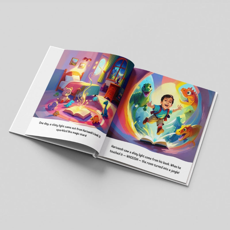 Open children's book with colorful illustrations on a gray background