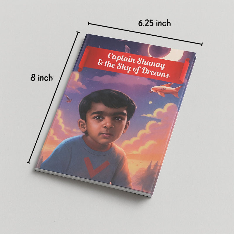 Book titled 'Captain Shanay & the Sky of Dreams' with dimensions labeled on a gray background