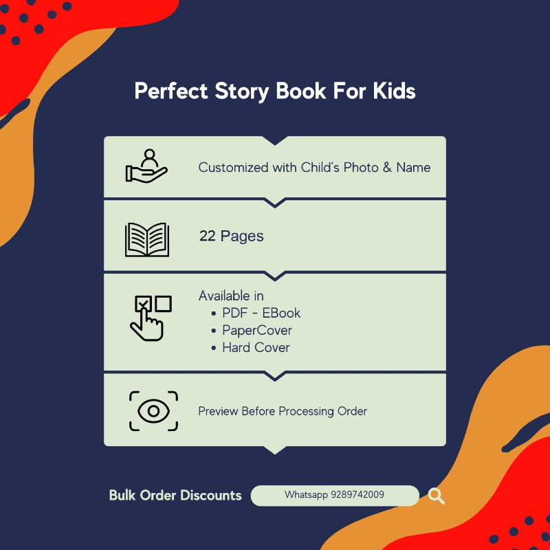 Advertisement for a customizable story book for kids with colorful abstract designs on a dark blue background.