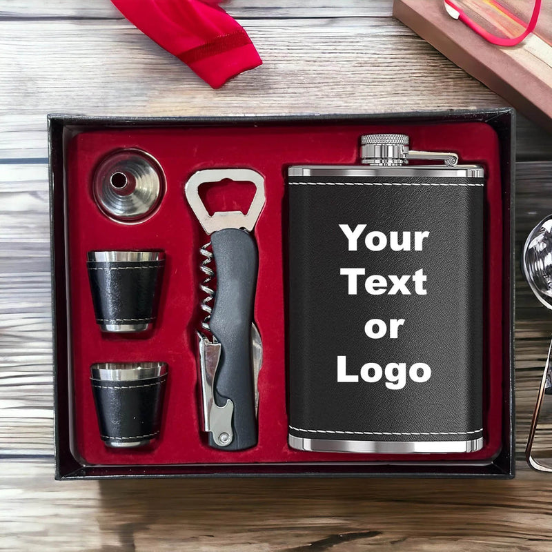 Luxury Black Leather Flask Set wit Opener Personalized for You