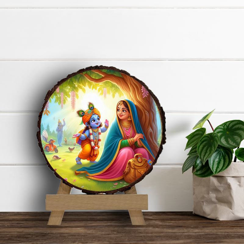 A circular natural wooden photo frame featuring an image of divine krishna, with a flute, set against a green background. The frame is on a wooden easel.