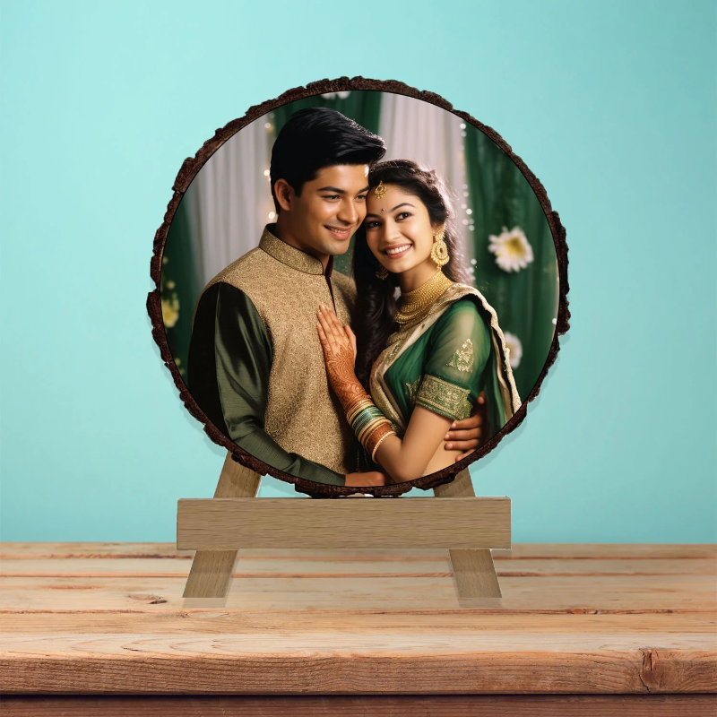 Round photo frame with a couple in traditional attire on a wooden stand against a light blue background