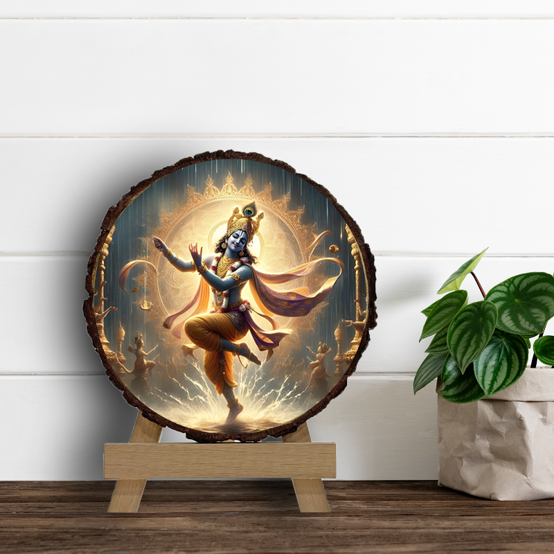 A framed picture of Krishna's divine form, depicted with a serene expression, playing a flute. The picture is set in a simple wooden frame, positioned on a wooden easel, with a green background.