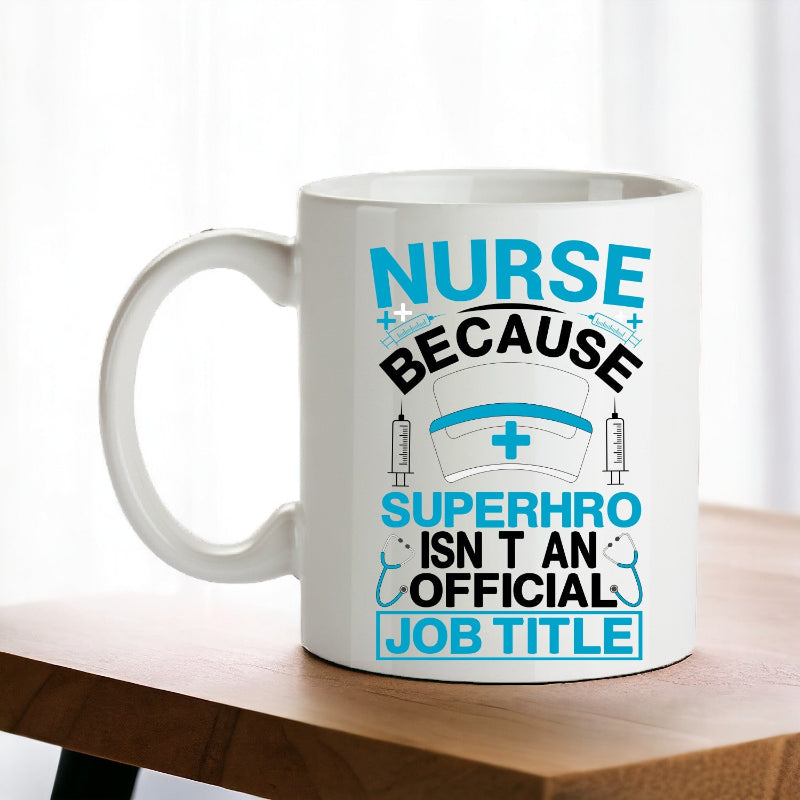 White mug with text and graphics on a wooden surface