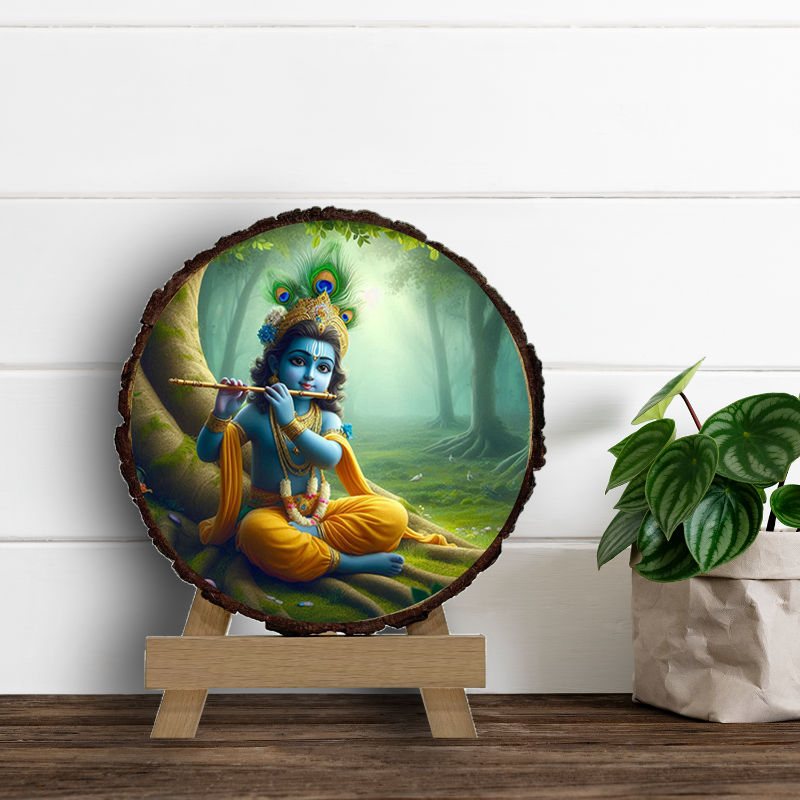 Round wooden art piece with a depiction of a deity playing a flute, placed on a stand.