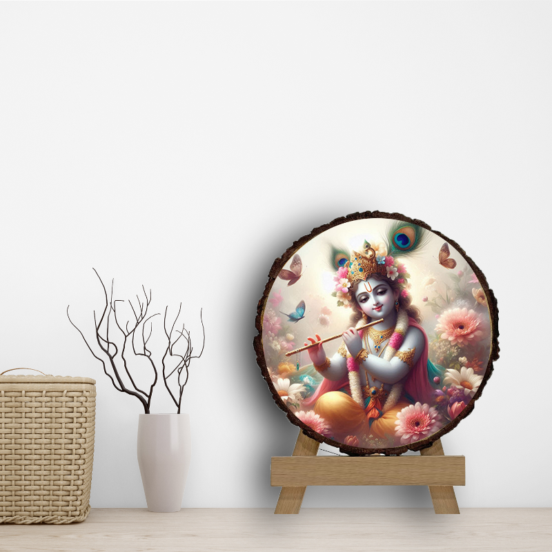 A framed artwork depicting the Hindu god Krishna, playing a musical instrument, set against a background of a polished wood slice.