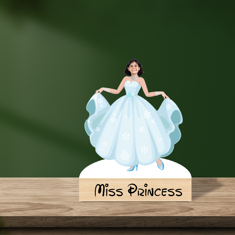caricature of a girl in a blue dress with 'Miss Princess' label on a green background