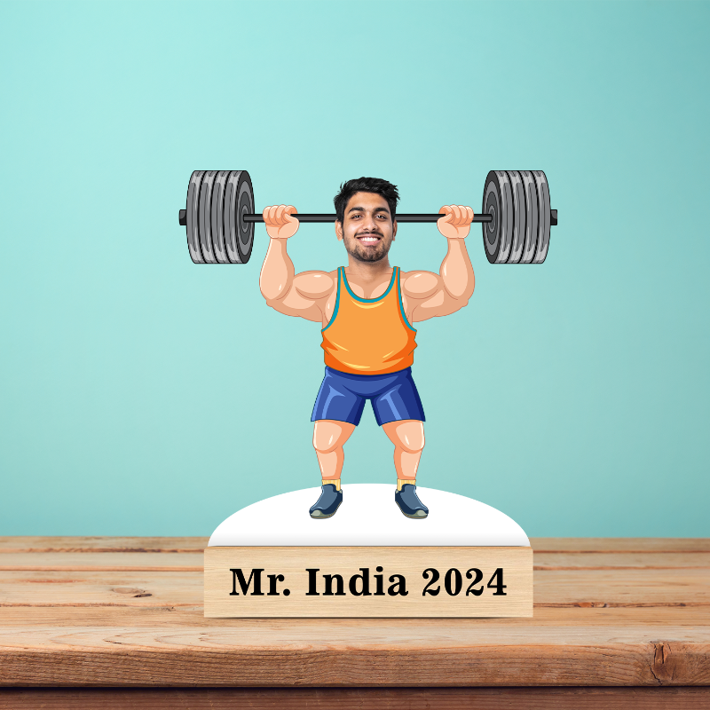 Illustration of a man lifting weights with 'Mr. India 2024' text on a wooden platform.