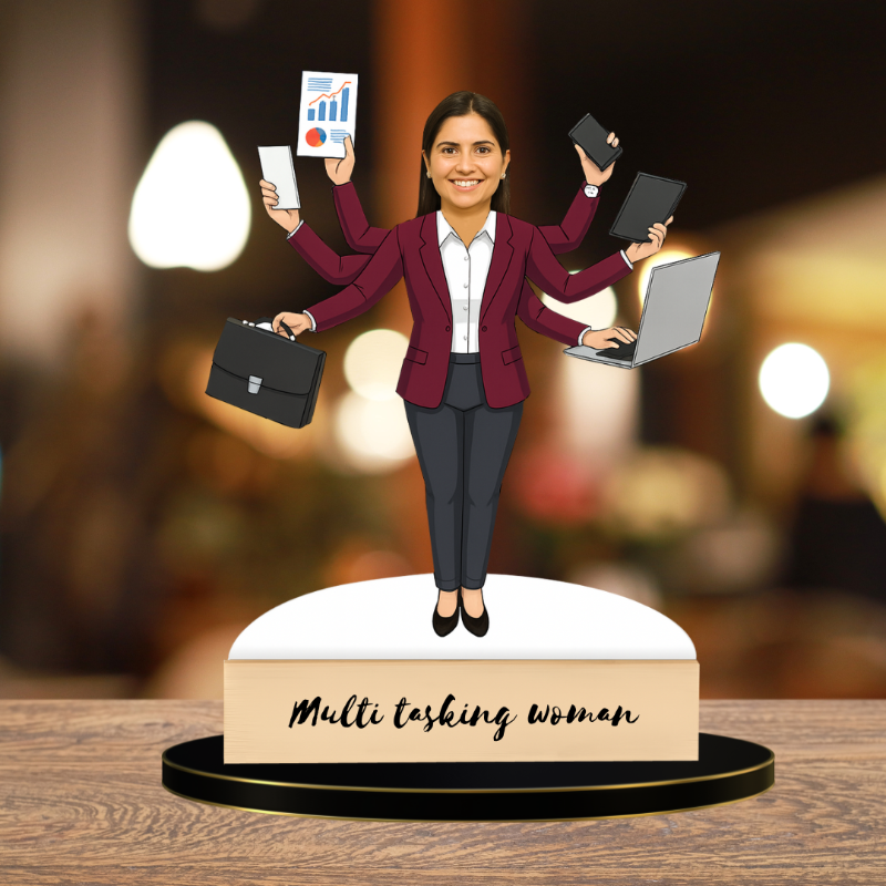 caricature of multi-tasking woman with various items on a wooden base.
