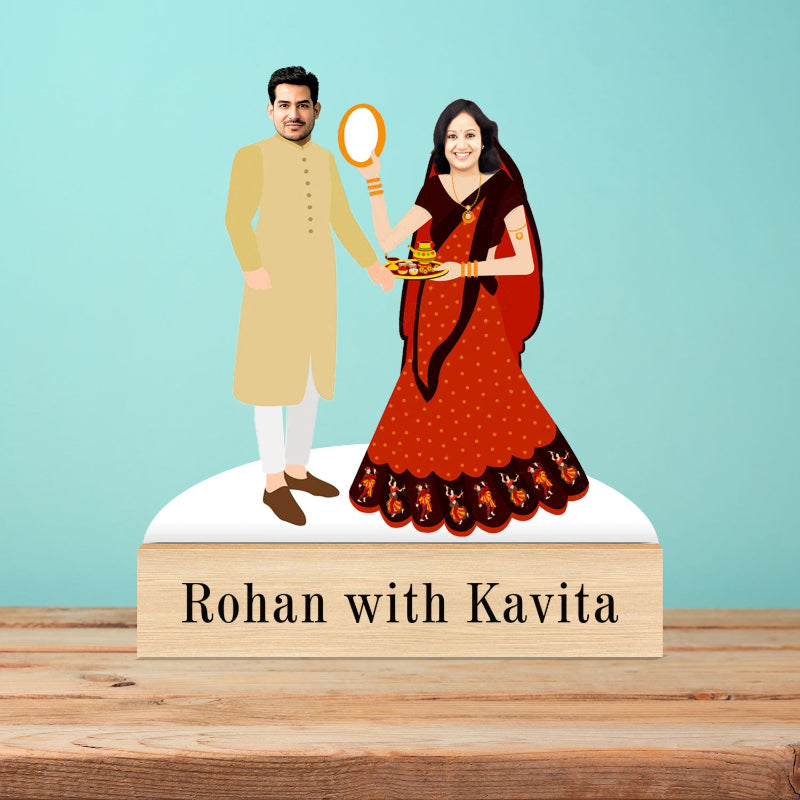 Illustration of a man and woman in traditional attire with a blue background and wooden base.