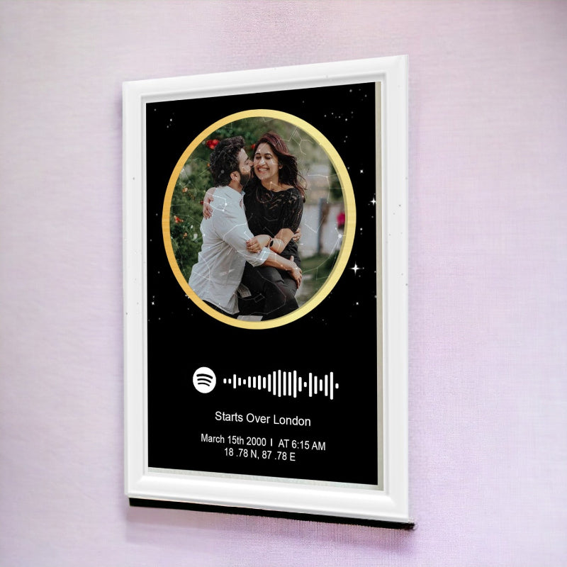 Framed artwork with a couple's photo and music track information on a pink wall.