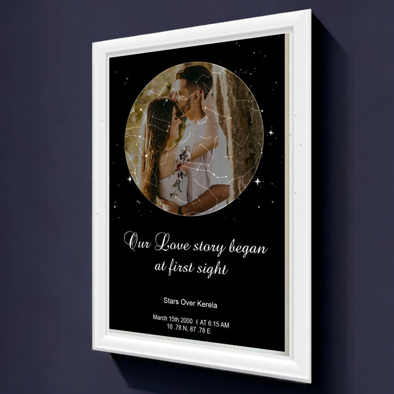 Framed artwork with a couple's photo and text on a dark background
