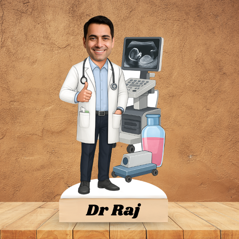 Cartoon doctor figurine named Dr Raj with ultrasound machine and medical equipment on a brown background
