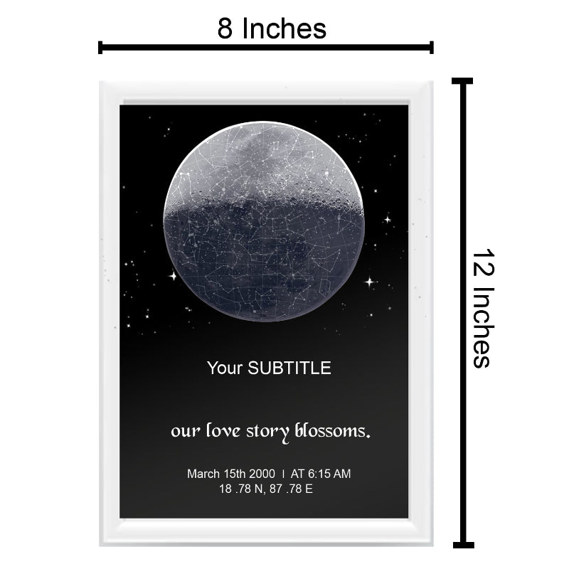Framed artwork with a moon design and customizable text, dimensions shown.