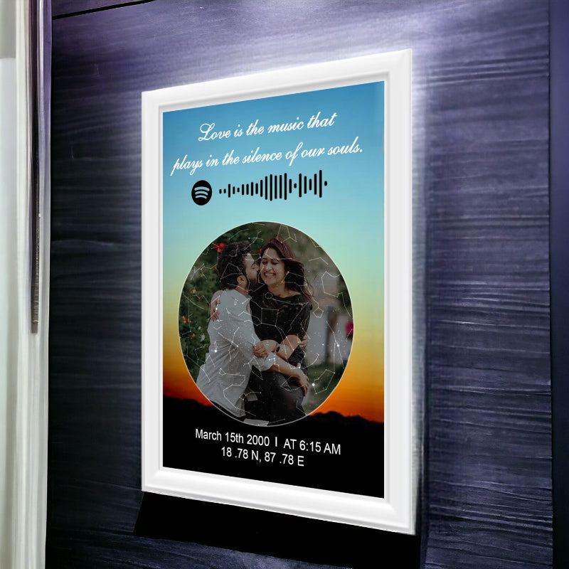 Framed artwork with a couple's photo and personalized text on a blue and orange gradient background.